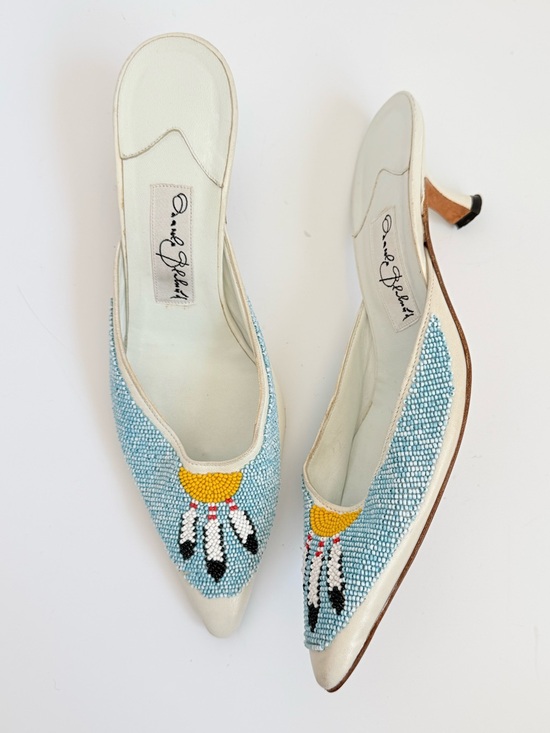 Manolo Blahnik Shoes - Vintage Manolo Blahnik Ivory Leather Beaded Dreamcatcher Kitten Heel Mules EU 38